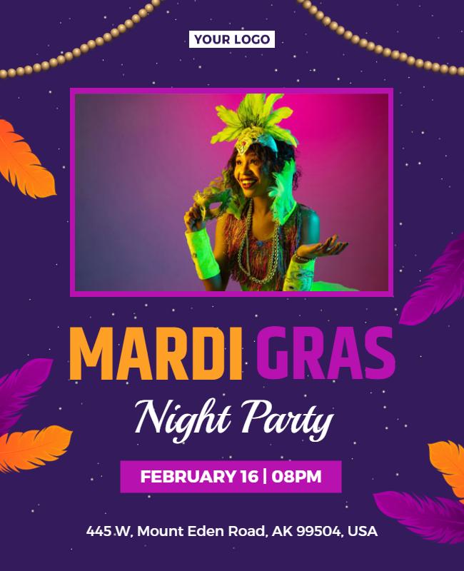 Vibrant Flyer for Mardi Gras Night Party Celebration