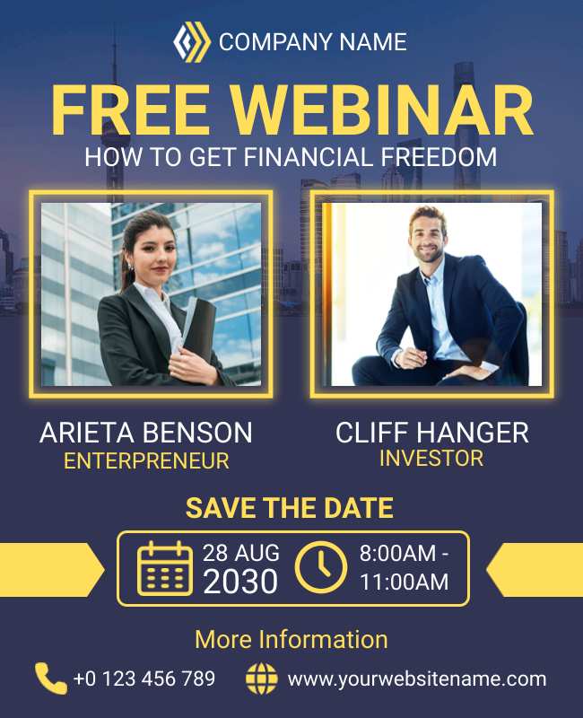 Financial freedom webinar flyer with elegant design, wealth-themed visuals, and key event details