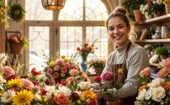 Florist arranging a vibrant bouquet of fresh flowers in a well-lit shop, with a flyer.