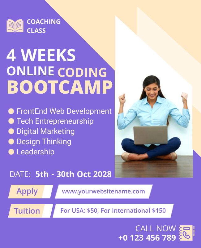 Coding bootcamp flyer with modern design, showcasing career growth and success stories.