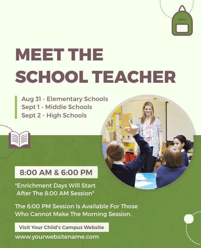 Meet-the-school-teacher flyer featuring vibrant design and teacher information.