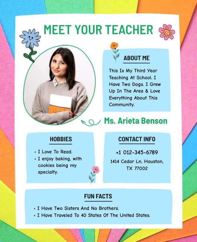 Introduction meet-the-teacher flyer with professional design and personal details.