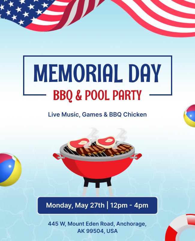 Poolside BBQ bash flyer with fun grill graphics and food/drink highlights