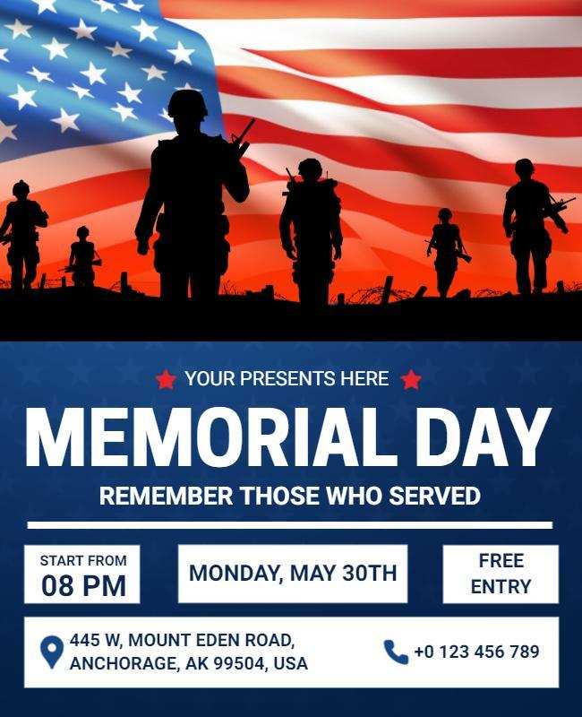 Gracefully designed flyer honoring a Memorial Day remembrance ceremony.