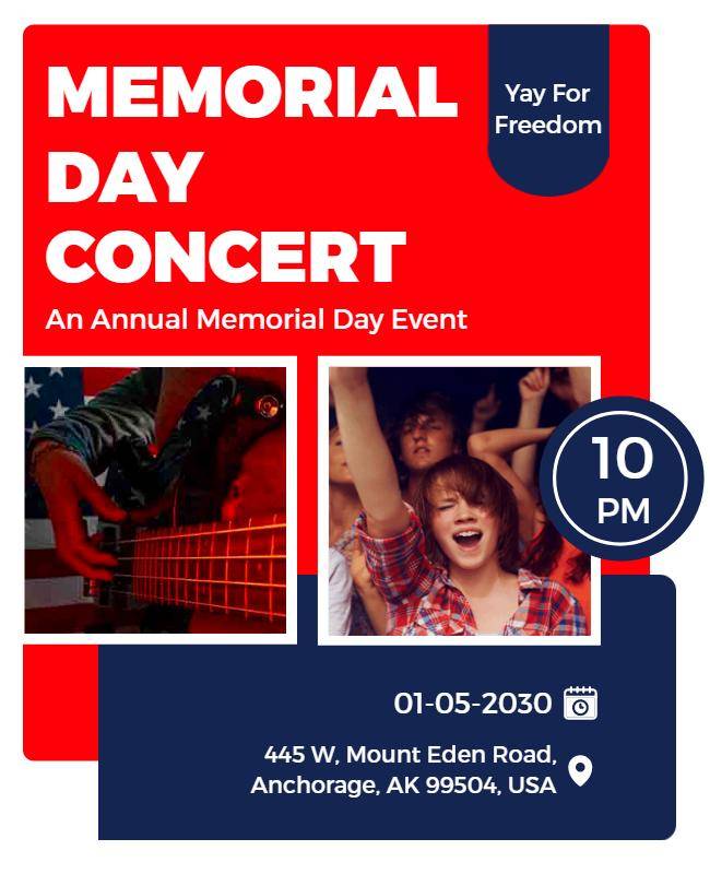 Memorial Day flyer with bold fonts for key event details