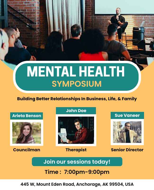 Mental health symposium flyer template showcasing event details.