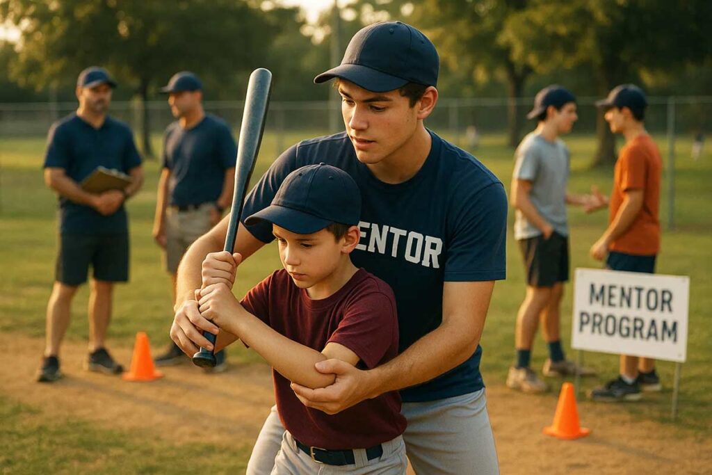 A man teaches a boy how to hit a baseball during a practice session in a park.
