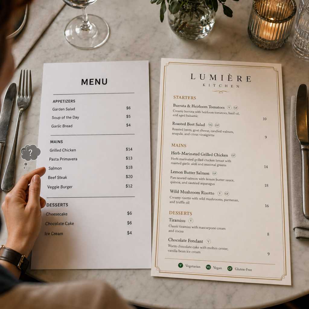 menu design for helpful item descriptions