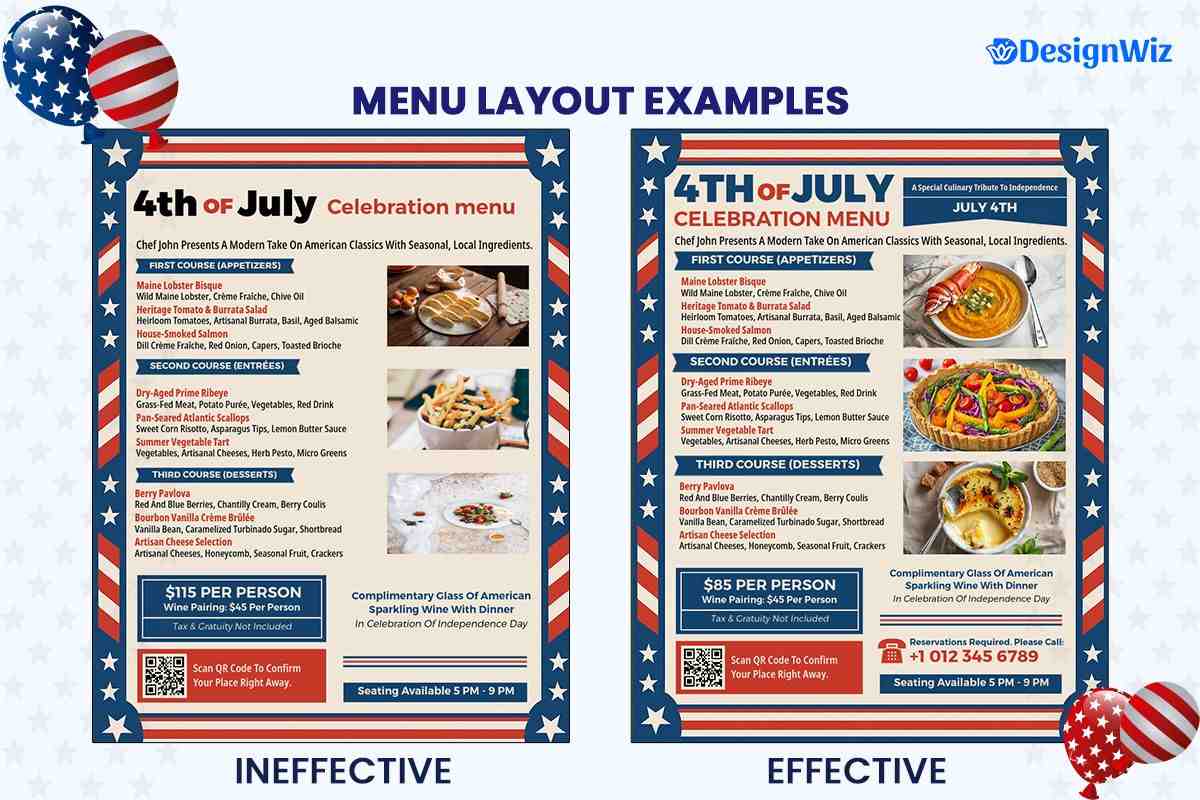 Menu Layout Examples Showing Effective vs. Ineffective Organization