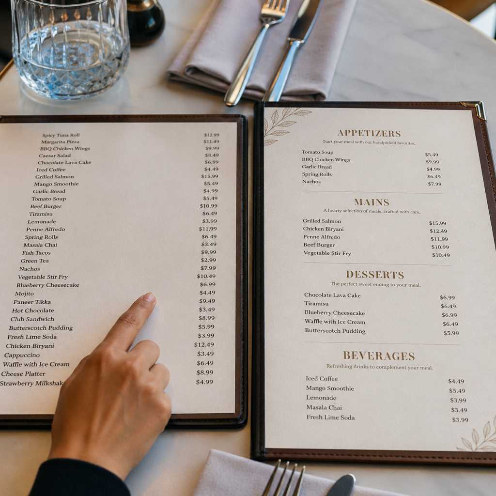 menu sections and category labels