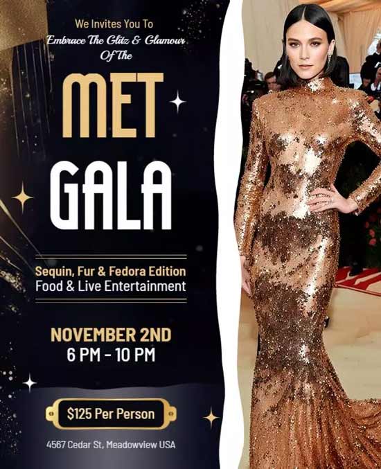 Luxury Met Gala Glamour Event Flyer Featuring Elegant Design and Invitation Details