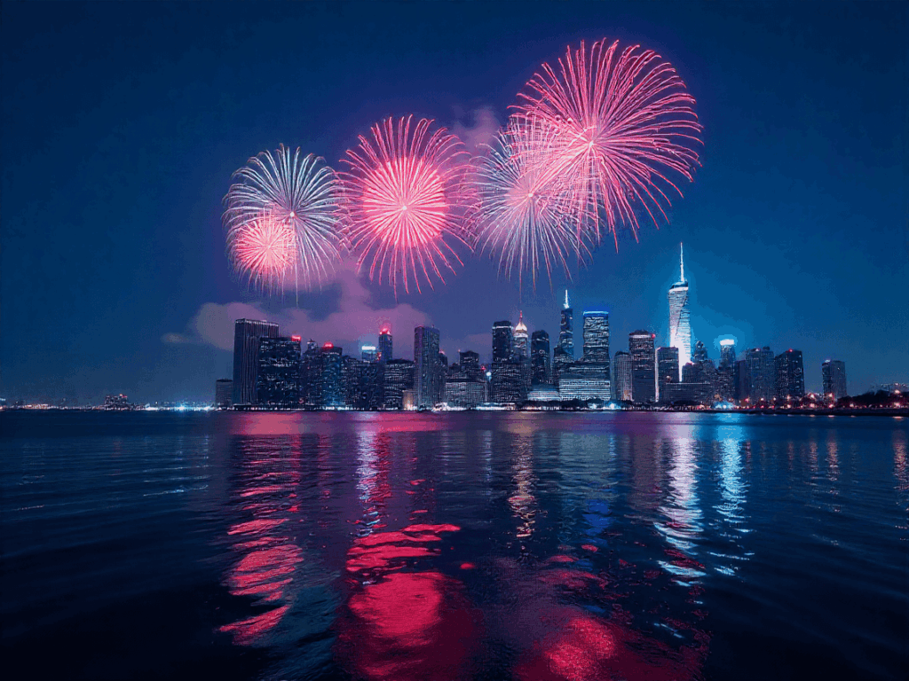city skyline fireworks night scene