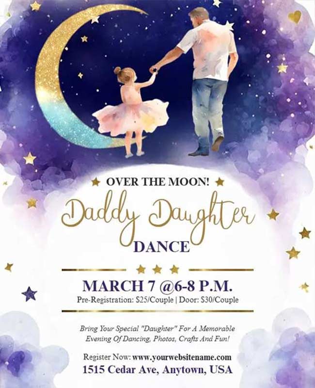 Starry Night Daddy Daughter Dance Event Flyer with Elegant Design and Festive Details