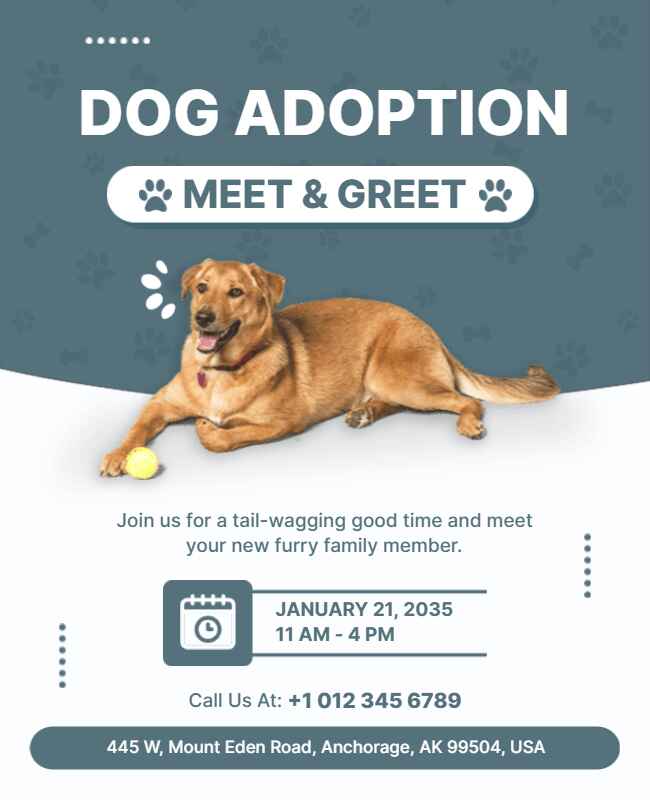 Minimalist dog adoption meet-and-greet flyer with simple design.