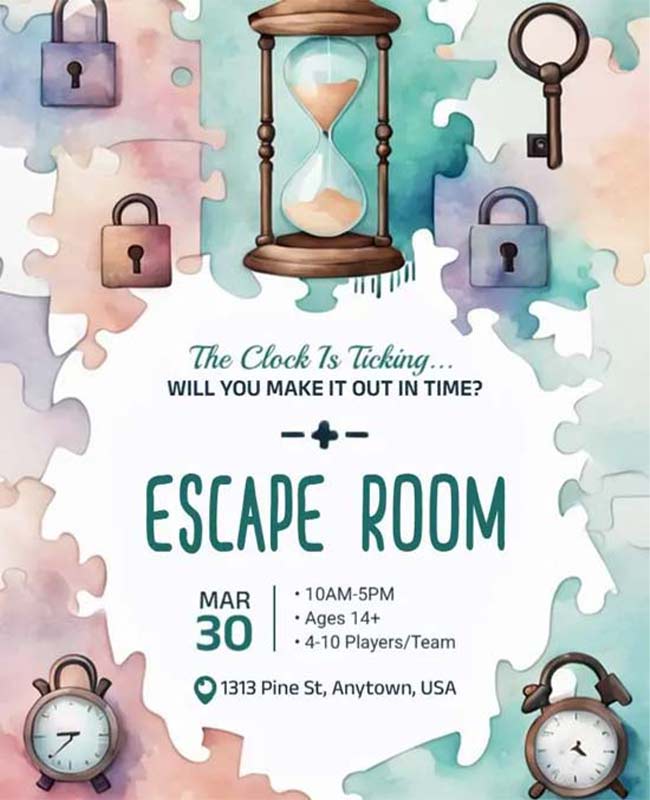 Interactive Puzzle Escape Room Event Flyer with Engaging Design and Event Information