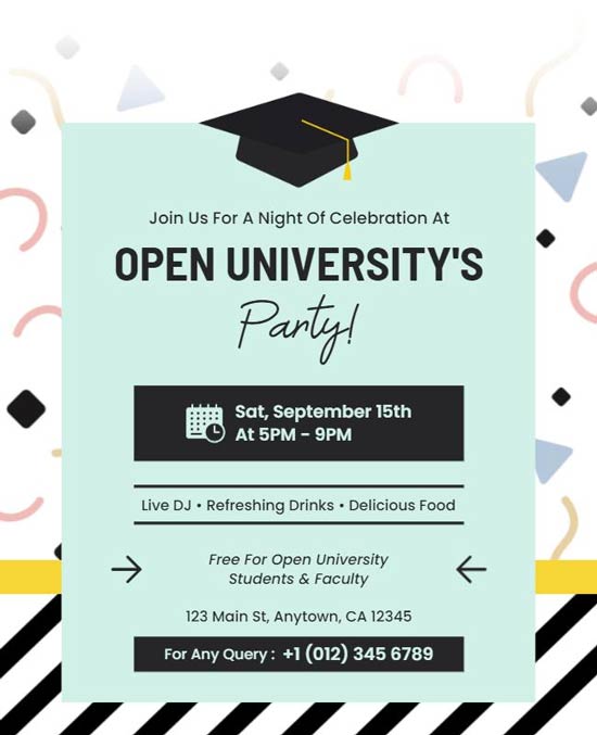 Minimal University Celebration Party Flyer with Bold Typography and Event Details