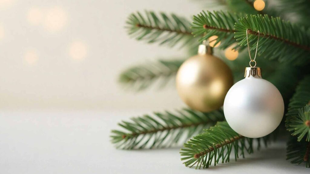 Minimal White and Gold Aesthetic Christmas Tree Ornaments Wallpaper