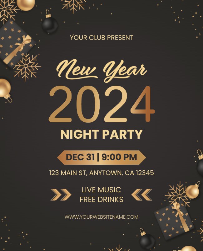 Minimalist flyer with bold text and simple graphics for a relaxed New Year’s celebration