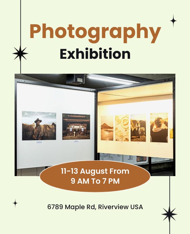 Paper flyer promoting a photography exhibition with event details and captivating images