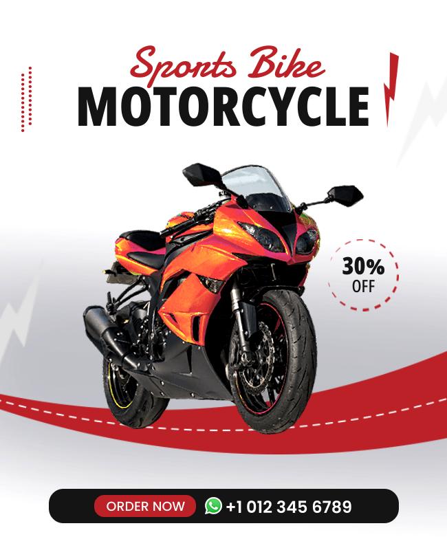 Modern flyer showcasing new motorcycle model with key specs and call-to-action.