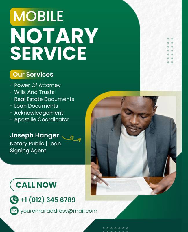 Mobile notary services flyer with service area map and contact details.