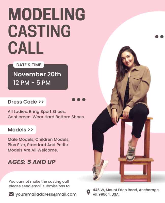 Modeling casting call flyer showcasing details for auditions with sleek design.