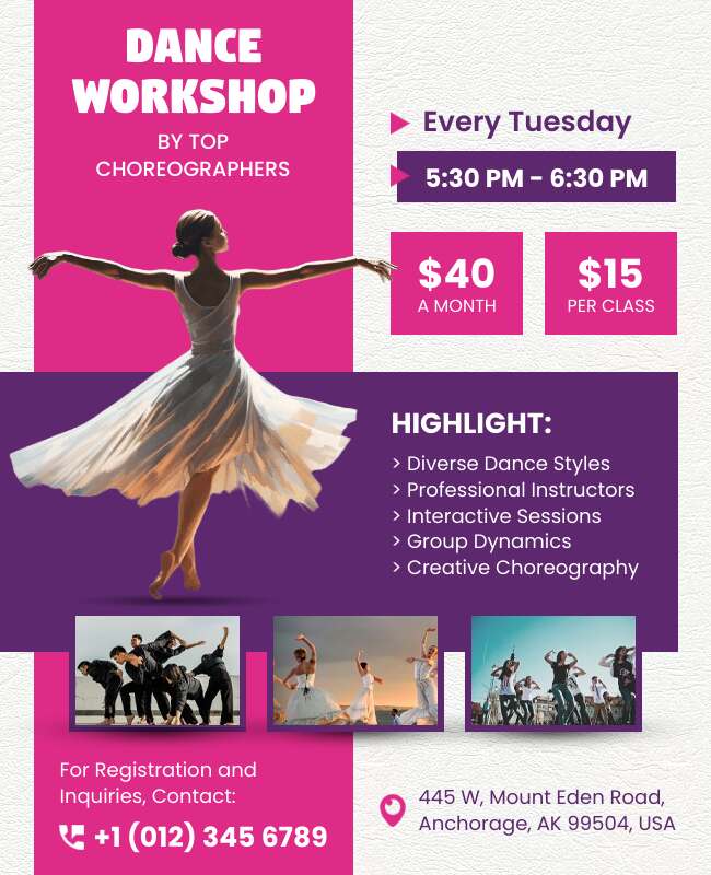 Flyer template for a modern ballet workshop featuring sleek design and workshop details.