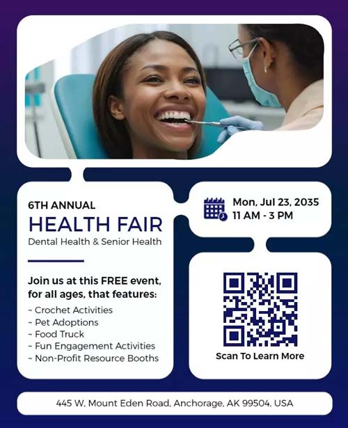 Modern Flyer Promoting Dental And Senior Health Fair Event With Essential Information