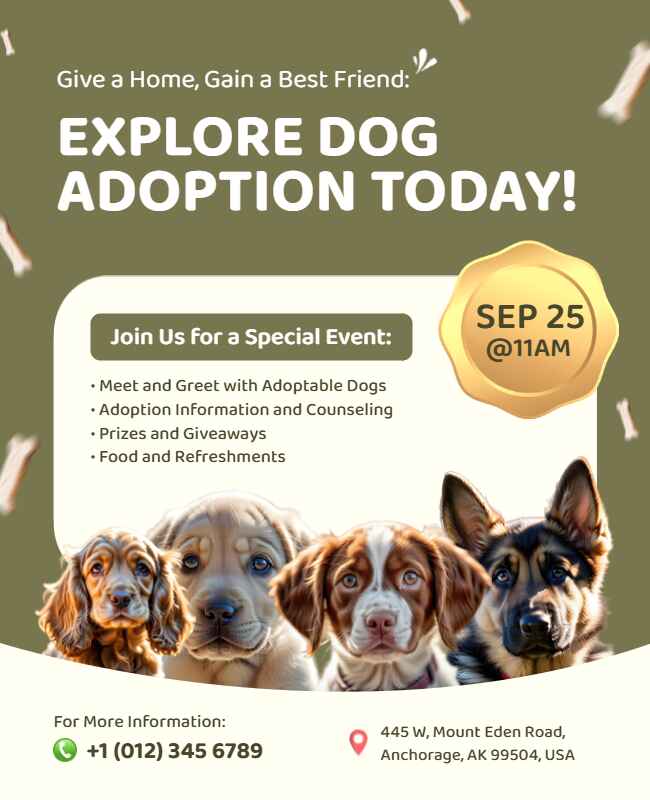 Modern dog adoption event flyer with bright visuals and details.