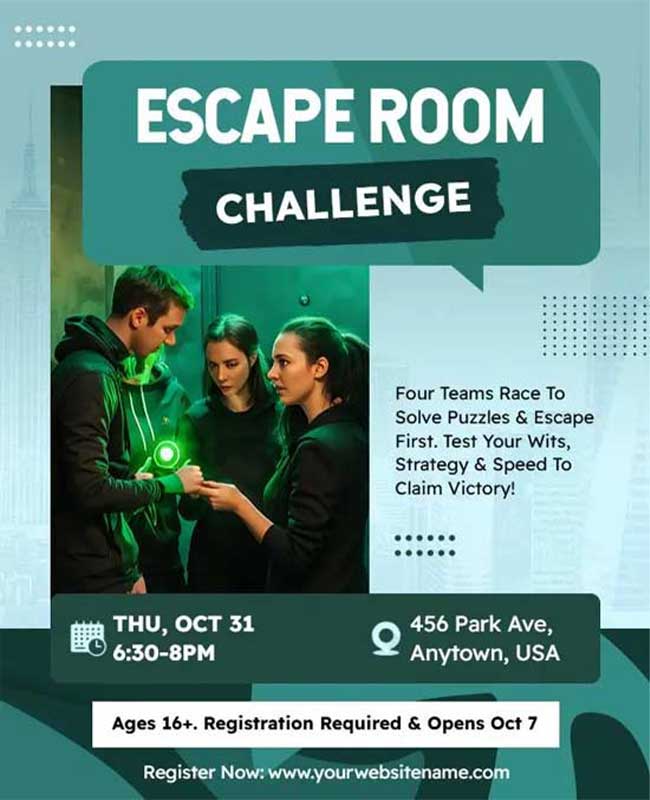 Escape Room Challenge Flyer Featuring Exciting Designs and Elements