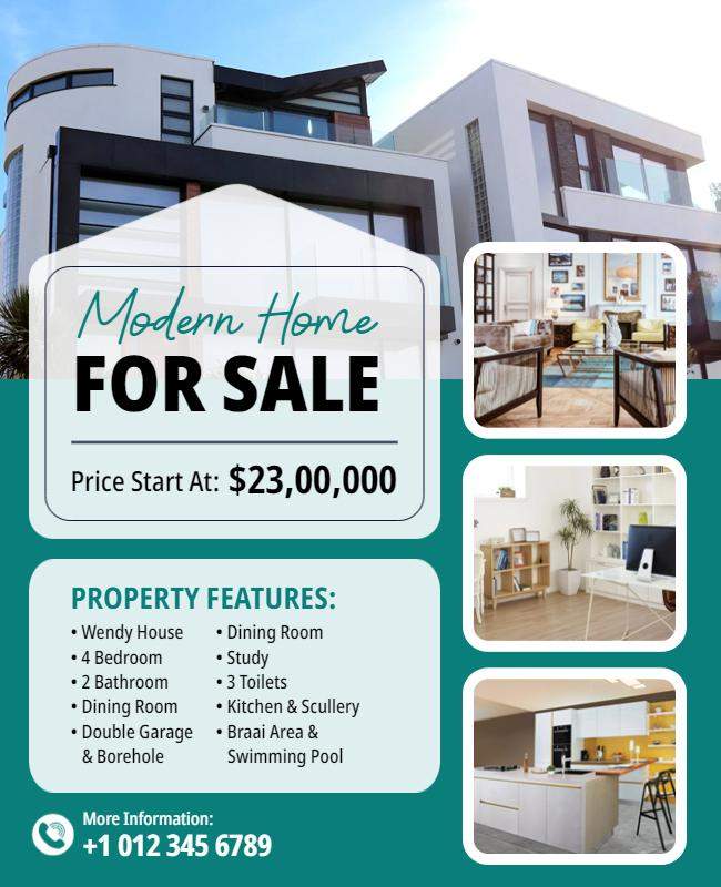 flyer featuring a modern home available for sale.