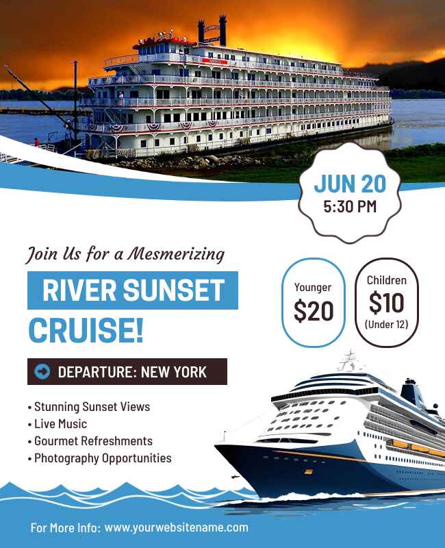 Modern river sunset cruise flyer template with scenic and romantic visuals.