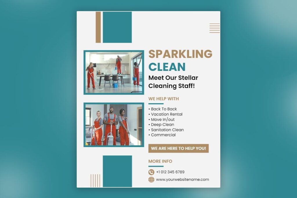 Modern Teal And White Cleaning Service Staff Introduction Flyer Template