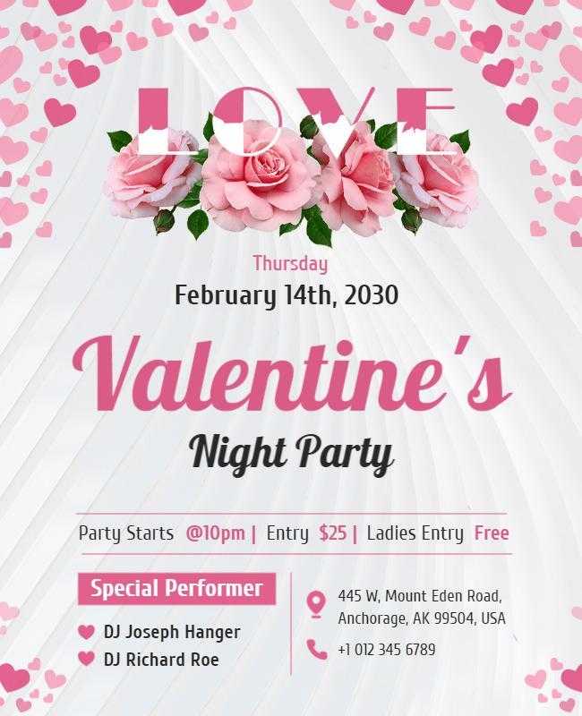 Romantic Valentine's Day party flyer featuring hearts, roses, and event details in pink and red tones