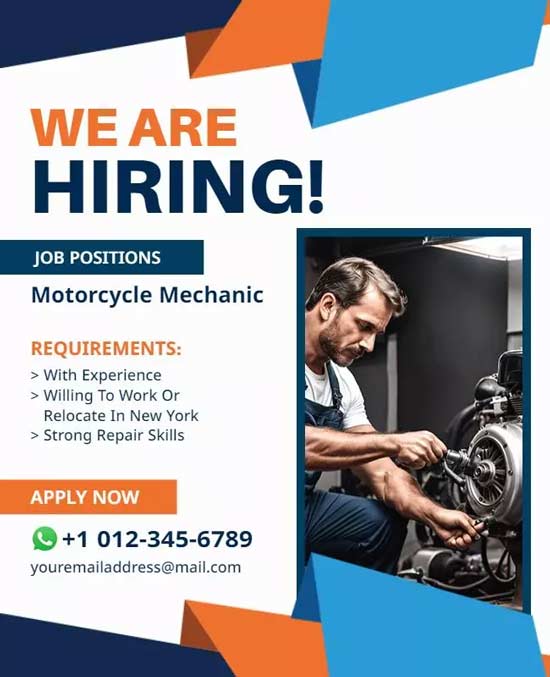 Motorcycle Mechanic Job Hiring Flyer Featuring Job Opportunity and Skills Required