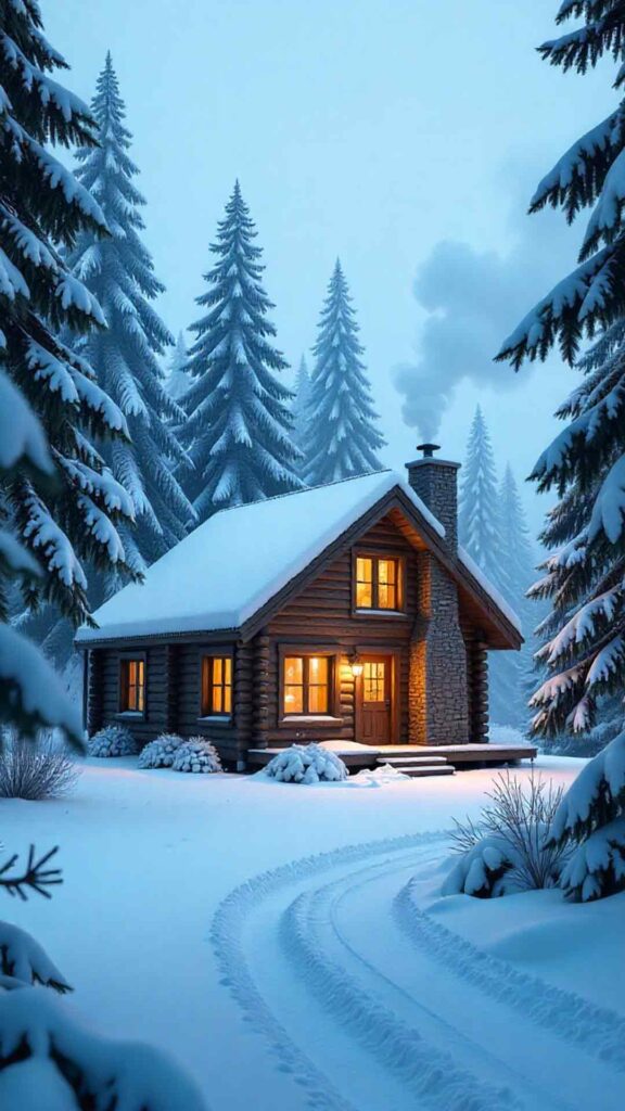 Mountain Cabin With Snowfall Background