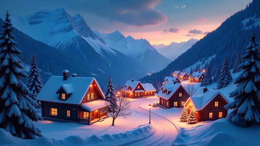 Mountain Scene With Snowfall Background
