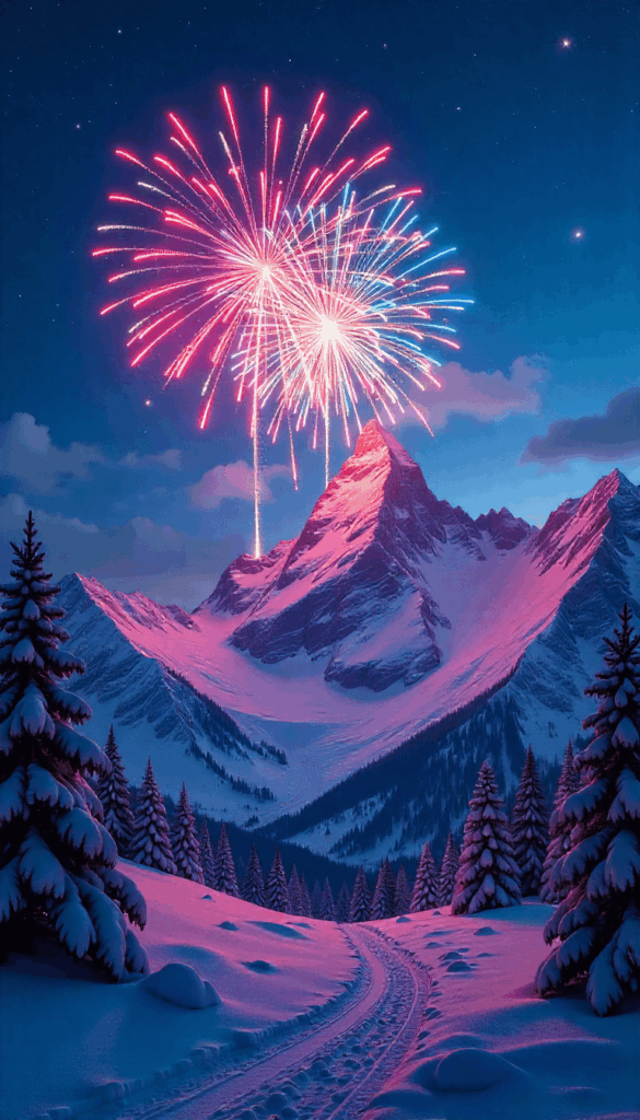 mountain view fireworks night scene