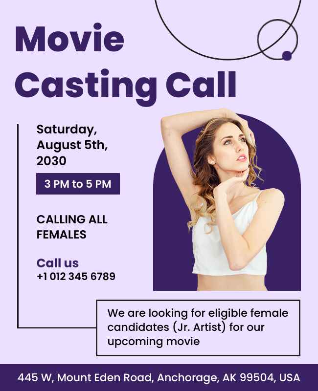 Movie casting call flyer designed with engaging visuals and essential details.