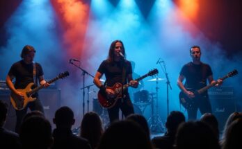 A rock band performing live on stage with dramatic lighting and a smoky atmosphere