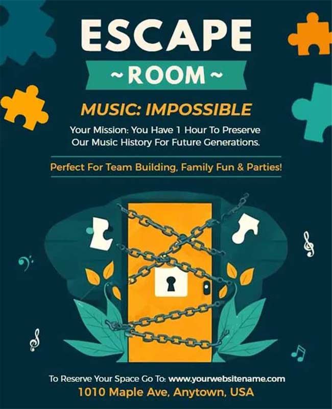 Modern Music Themed Escape Room Event Flyer Design with Puzzle Elements