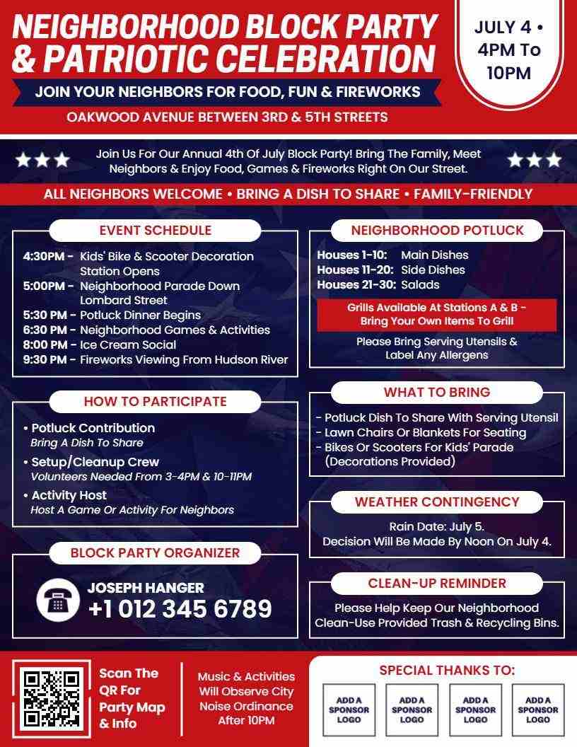 Neighborhood Block Party Patriotic Celebration Flyer Template