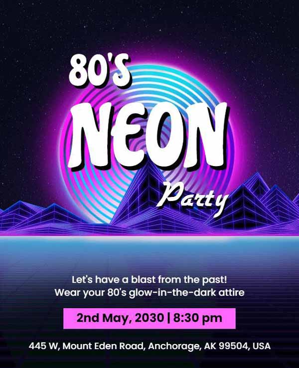 80s Party Flyer With Neon Background and Bold Design Elements