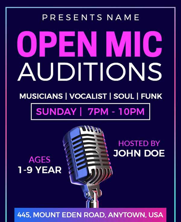 Open Mic Auditions Flyer Featuring Neon Borders And Glowing Frames