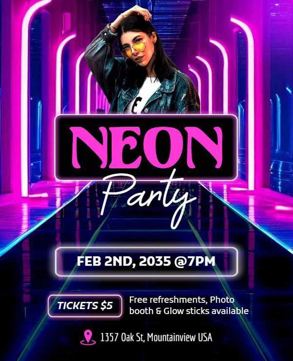 Party Flyer Design Featuring Neon Icons And Vibrant Imagery