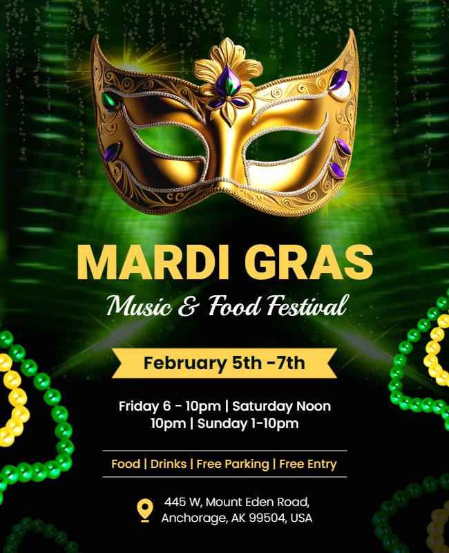 Neon Lights Flyer for Mardi Gras Music and Food Festival