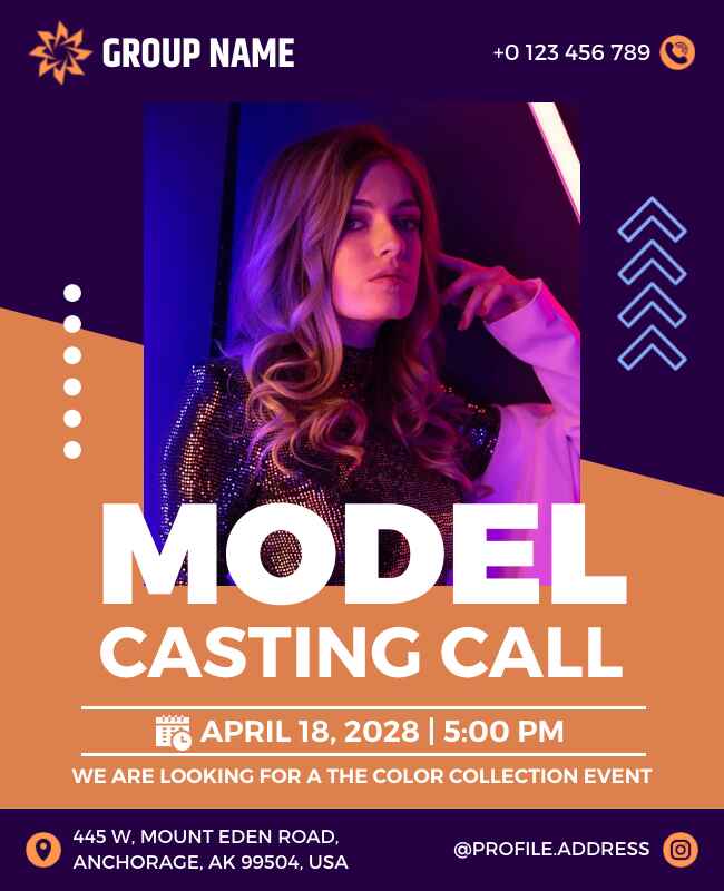 Neon-themed casting call flyer featuring vibrant design elements for model auditions.