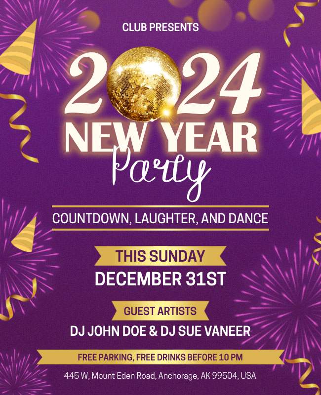 Vibrant neon-themed New Year's Party Flyer for a high-energy celebration with music 