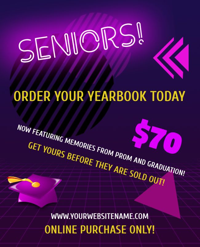 Bright colors, bold typography, and trendy design elements create an eye-catching yearbook flyer