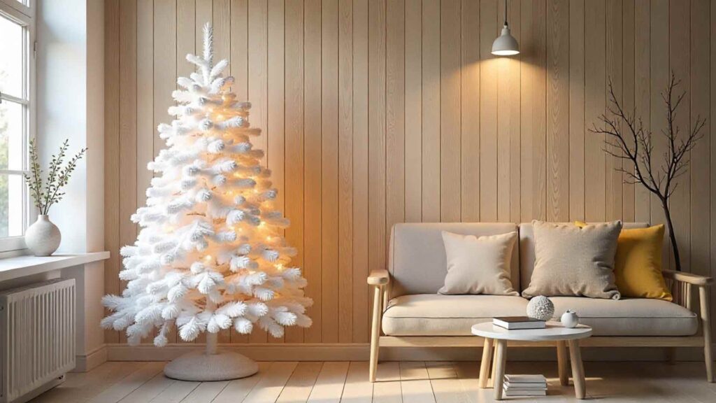 Neutral Beige Minimal Interior With White Tree Wallpaper